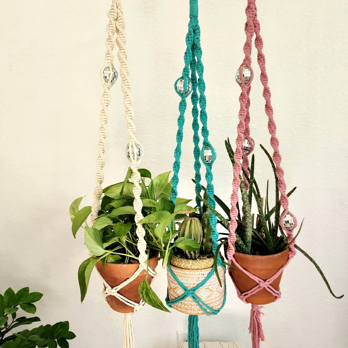 Handmade Macrame Disco Ball Plant Hanger, Retro Planter Holder for Home Décor