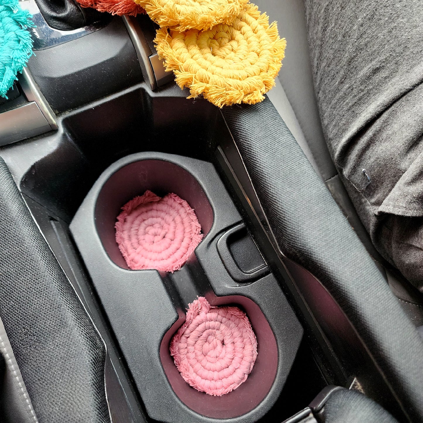 Mini Macrame Cotton Car Coasters- Set of 2 Elegant and Absorbent Handwoven Boho Coaster Set with Fringe Tassels for Cup Holders