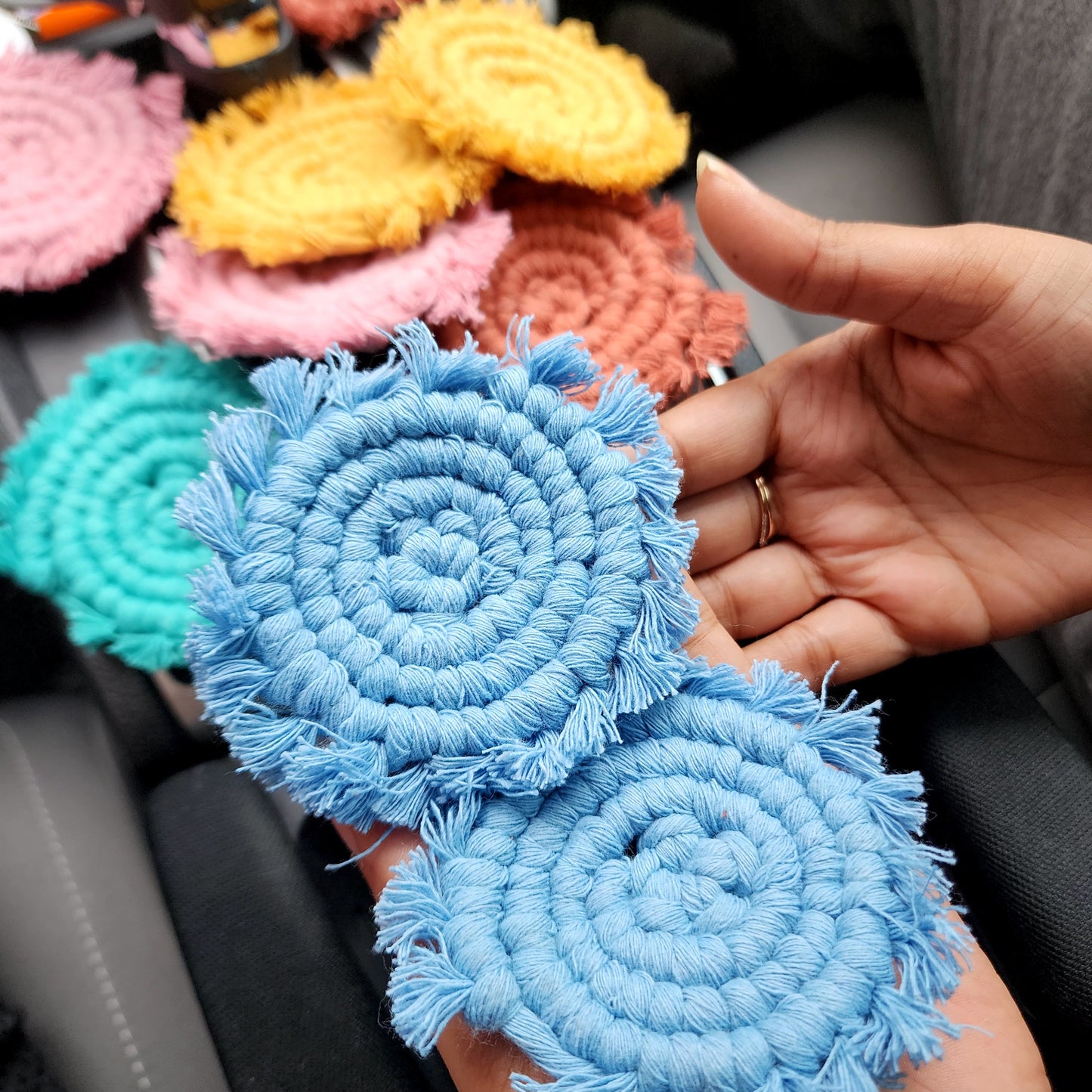 Mini Macrame Cotton Car Coasters- Set of 2 Elegant and Absorbent Handwoven Boho Coaster Set with Fringe Tassels for Cup Holders