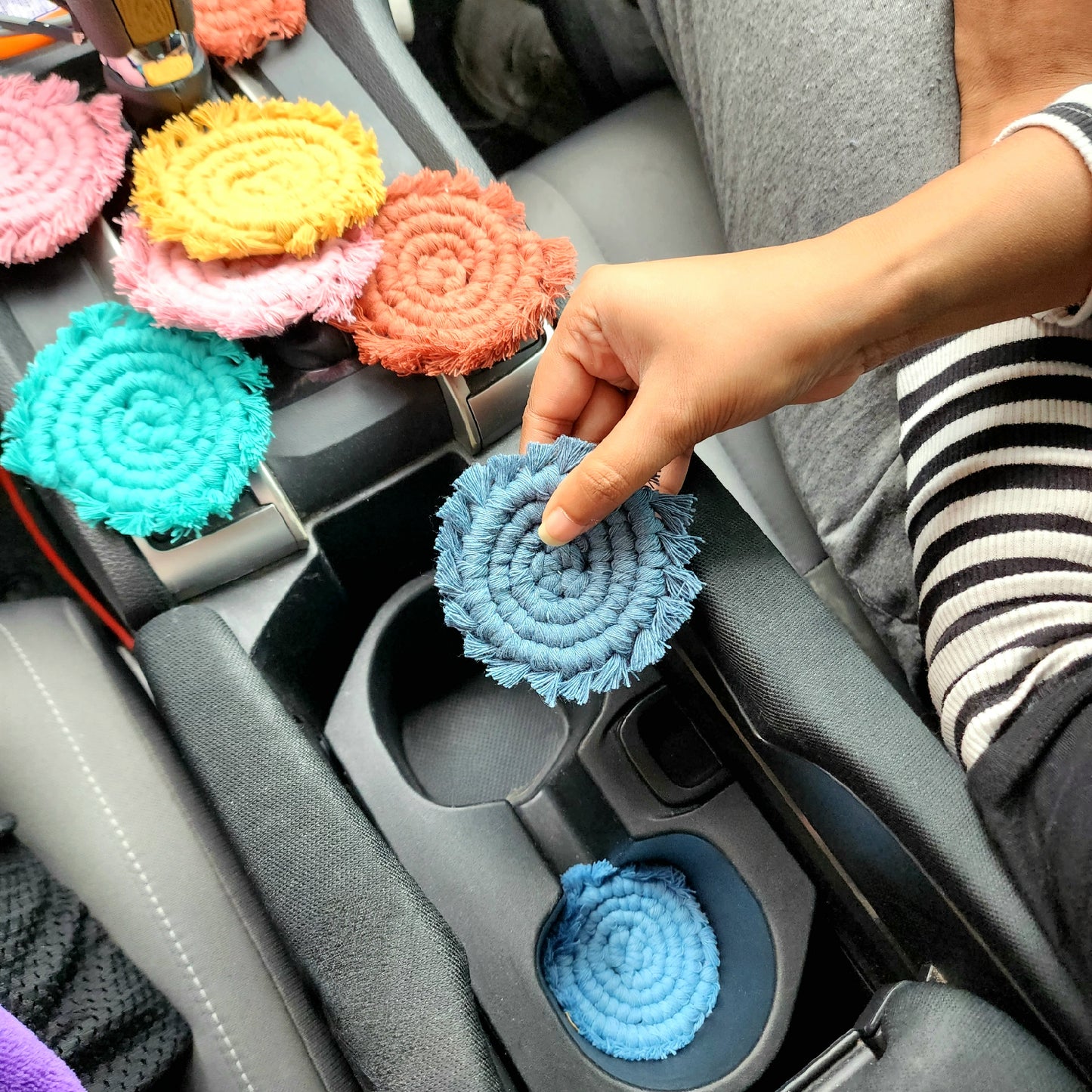 Mini Macrame Cotton Car Coasters- Set of 2 Elegant and Absorbent Handwoven Boho Coaster Set with Fringe Tassels for Cup Holders