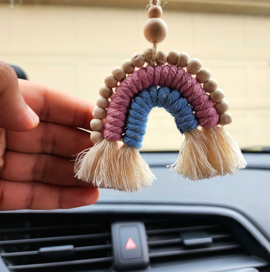 Macrame Rainbow Car Charm / Natural Oil Diffuser with wood bead details