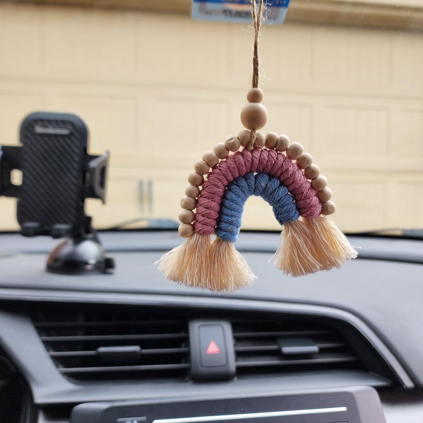 Macrame Rainbow Car Charm / Natural Oil Diffuser with wood bead details