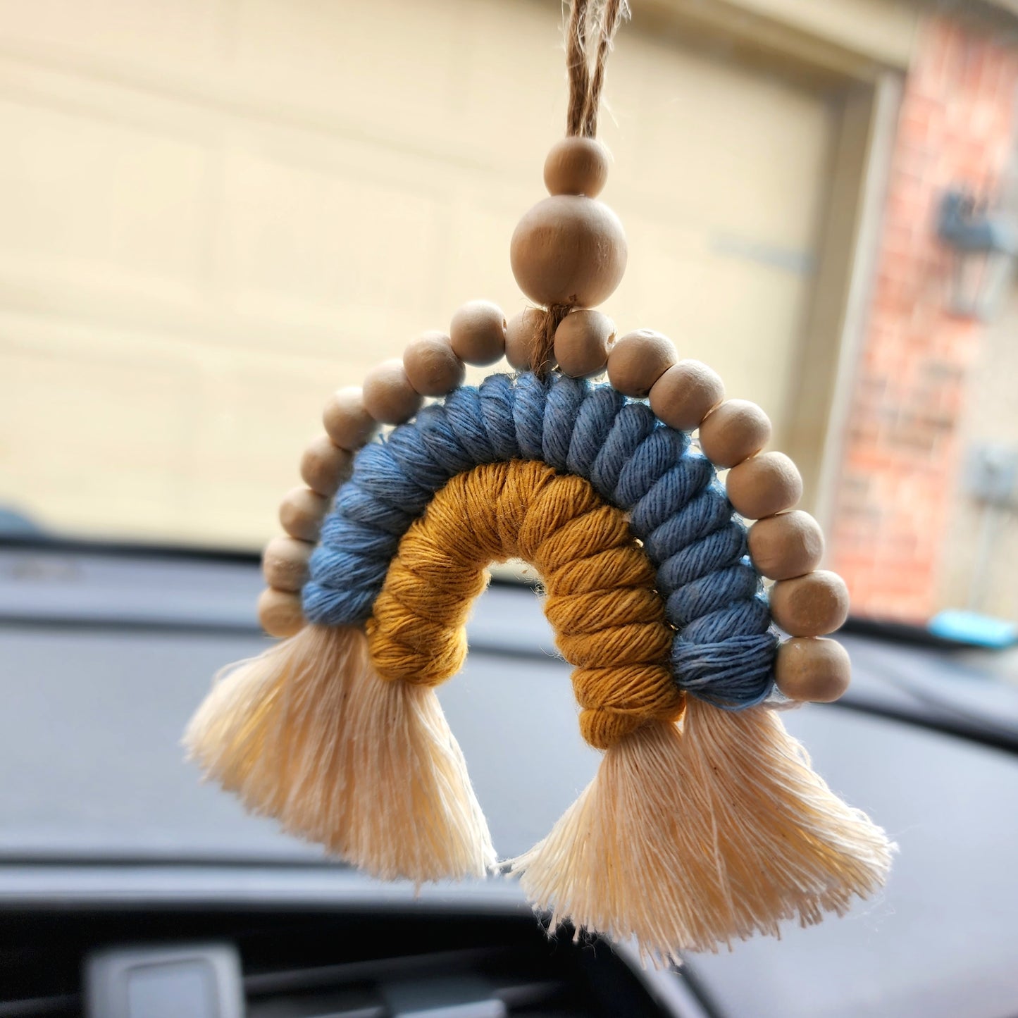 Macrame Rainbow Car Charm / Natural Oil Diffuser with wood bead details