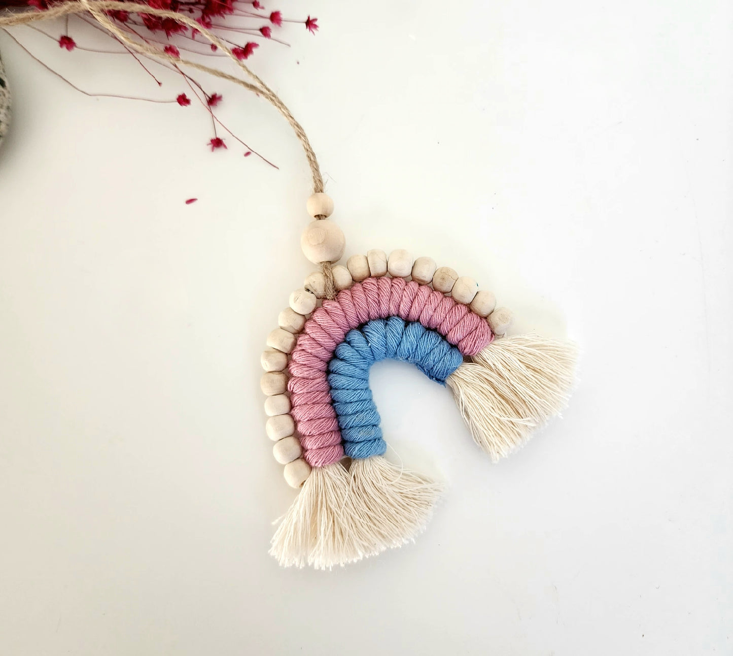 Macrame Rainbow Car Charm / Natural Oil Diffuser with wood bead details