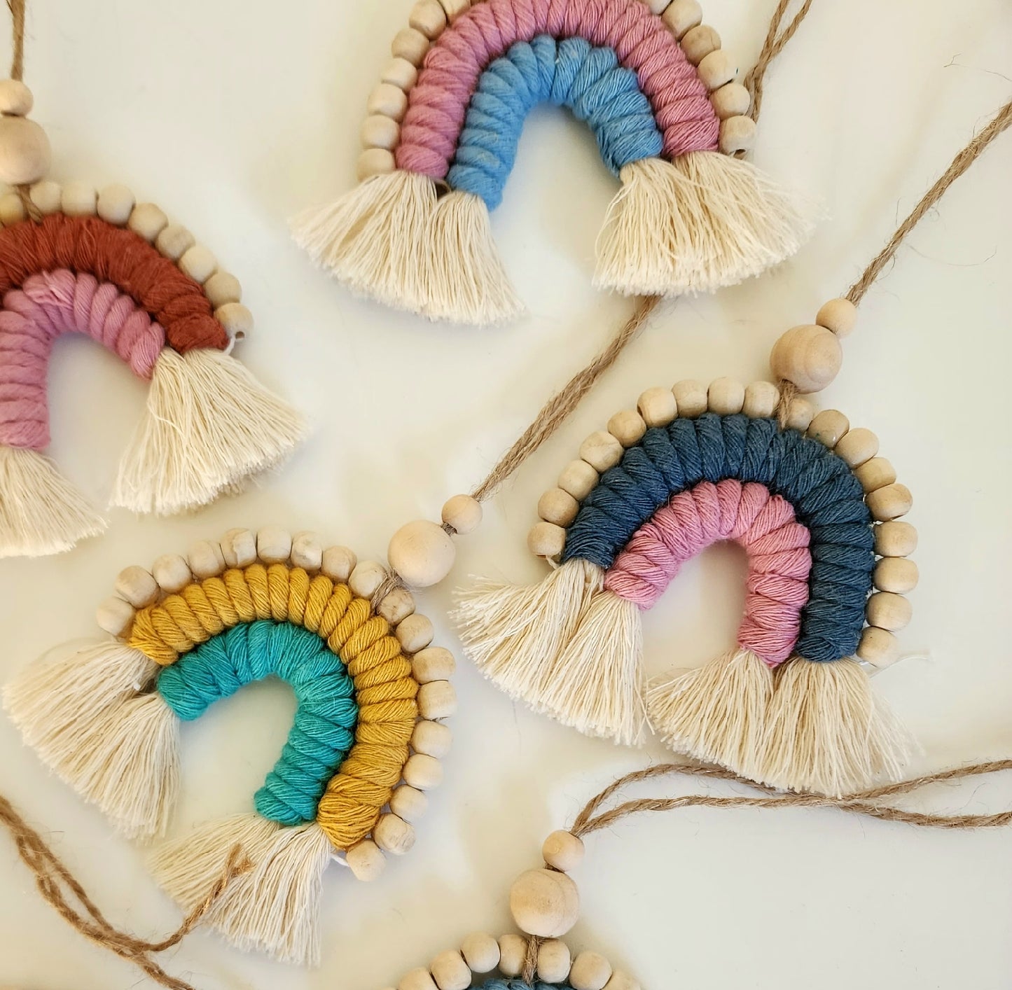 Macrame Rainbow Car Charm / Natural Oil Diffuser with wood bead details