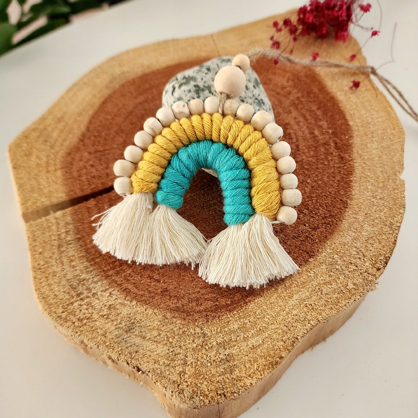 Macrame Rainbow Car Charm / Natural Oil Diffuser with wood bead details