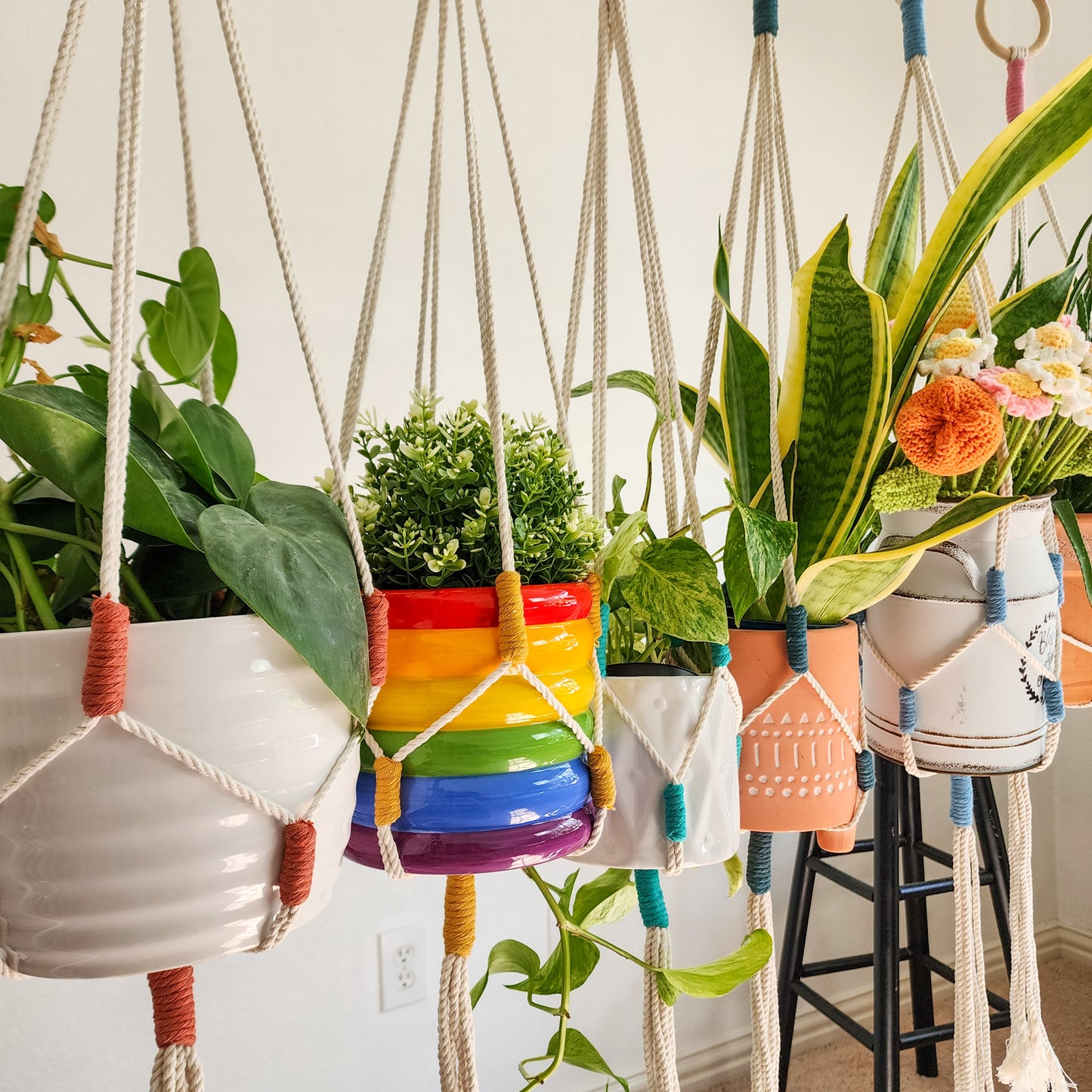 Color Block Plant Hangers, Handmade Macrame Plant Accessory