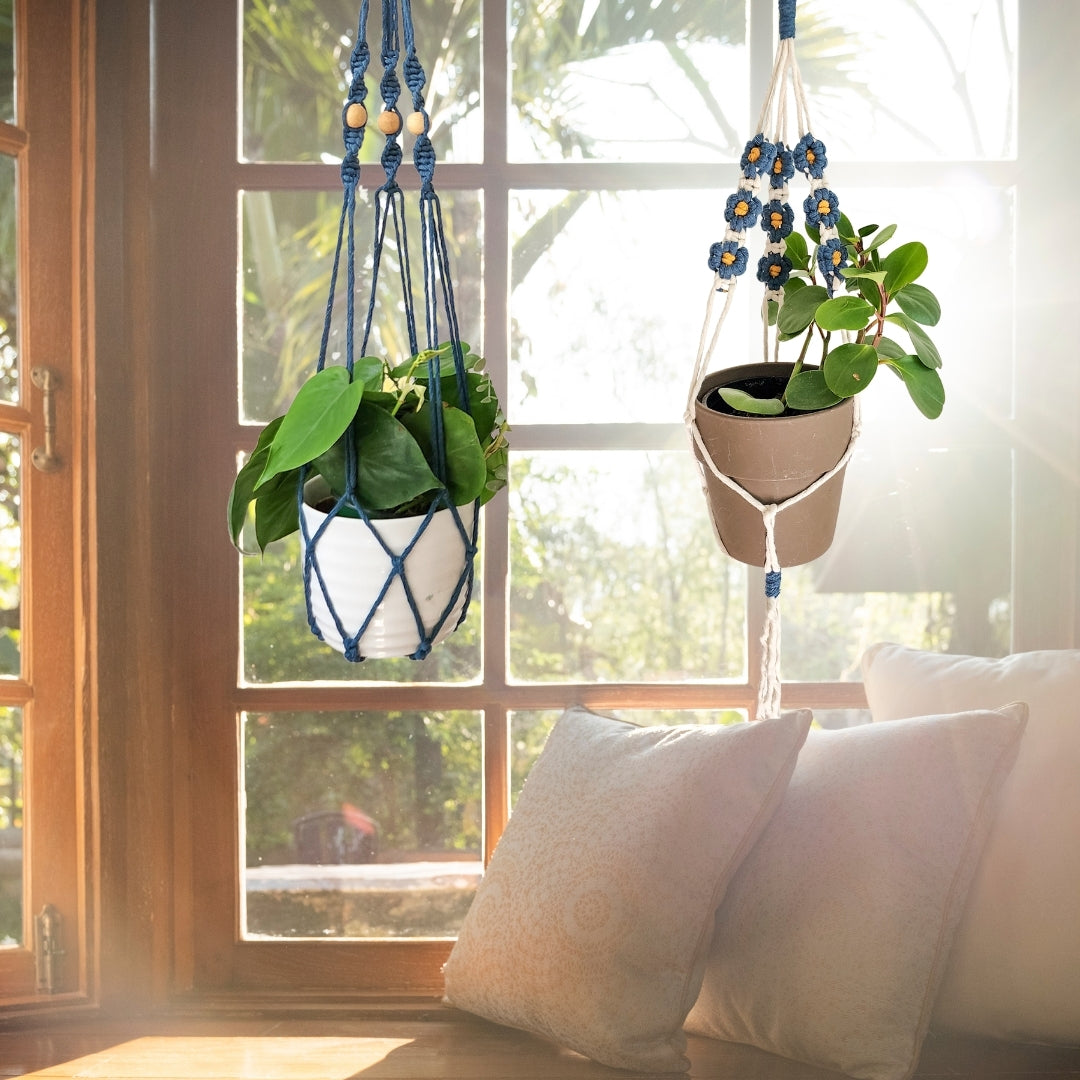 Set of 2 Macrame plant hanger with Daisies & Beads | Handmade Macrame Planter Holders