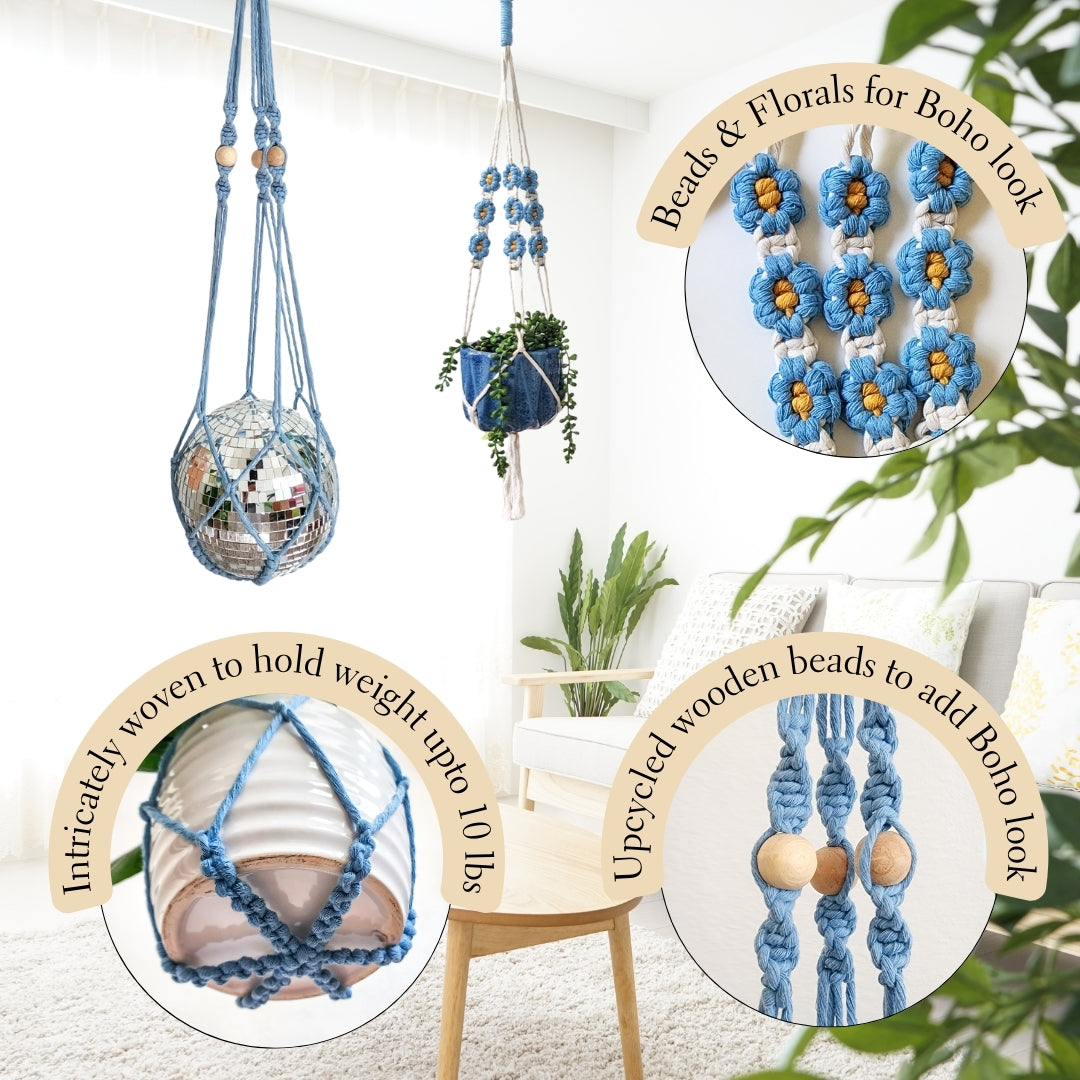 Set of 2 Macrame plant hanger with Daisies & Beads | Handmade Macrame Planter Holders