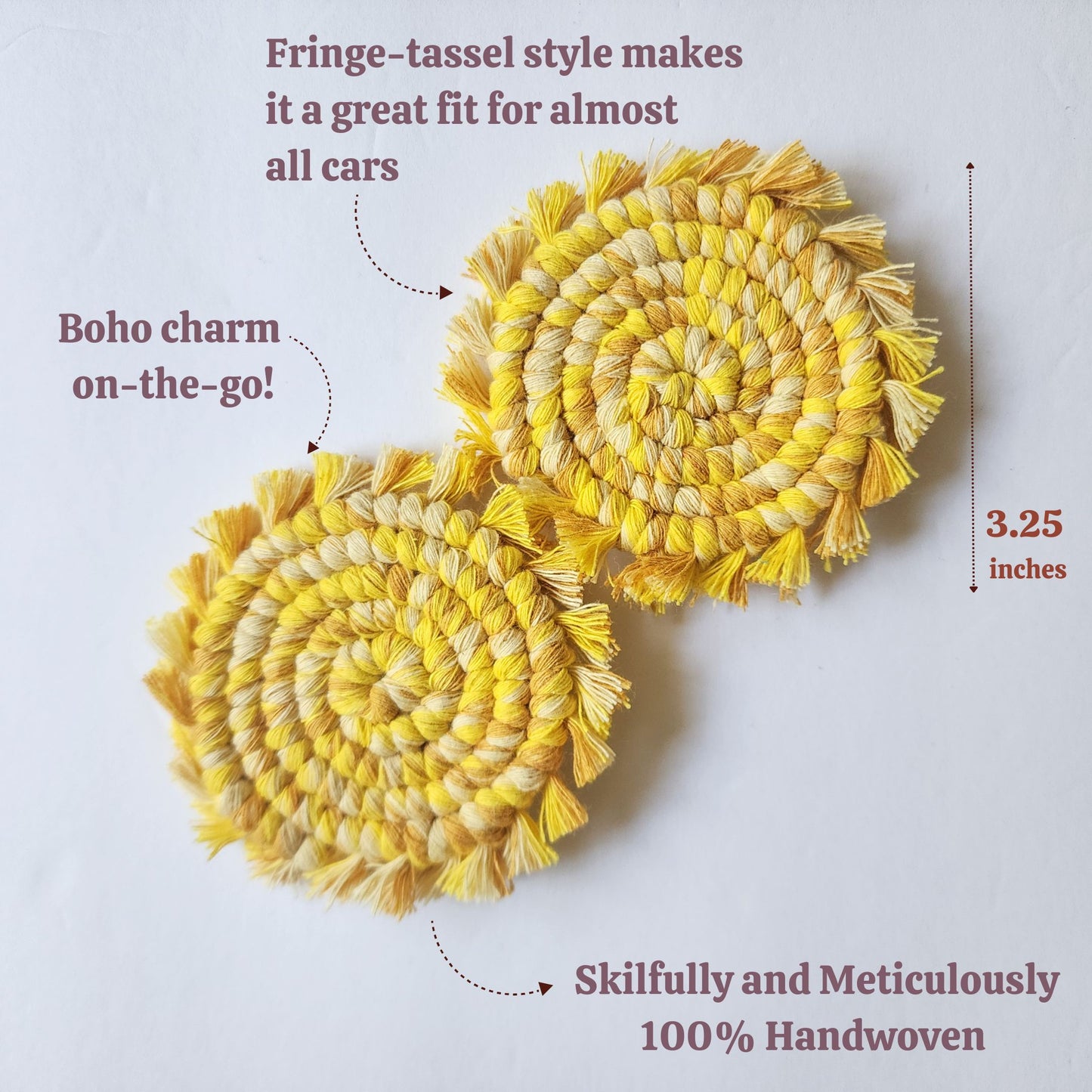 Cotton Car Coasters 2pc | Washable Multicolor Handmade Macrame Car Accessories for Women