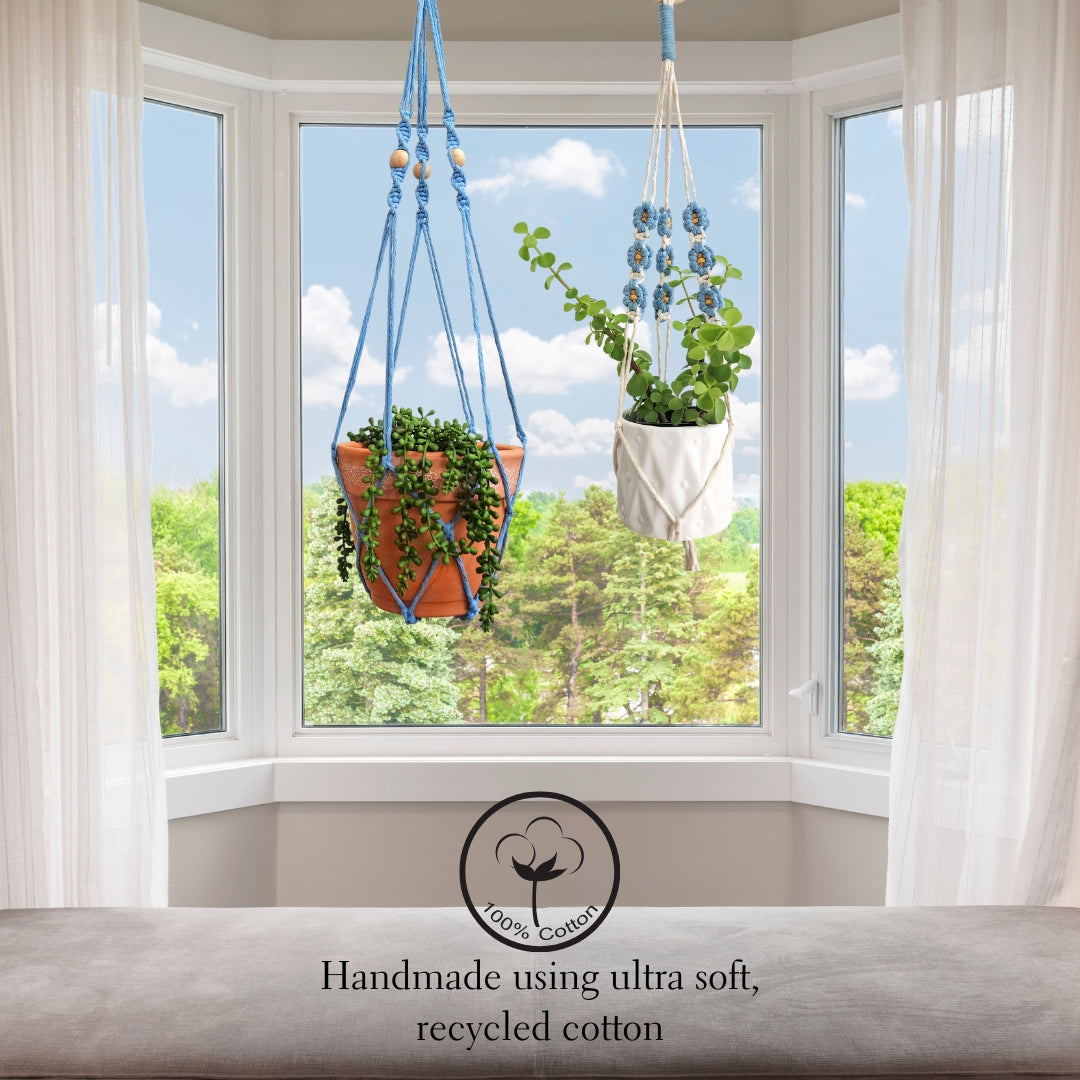 Set of 2 Macrame plant hanger with Daisies & Beads | Handmade Macrame Planter Holders