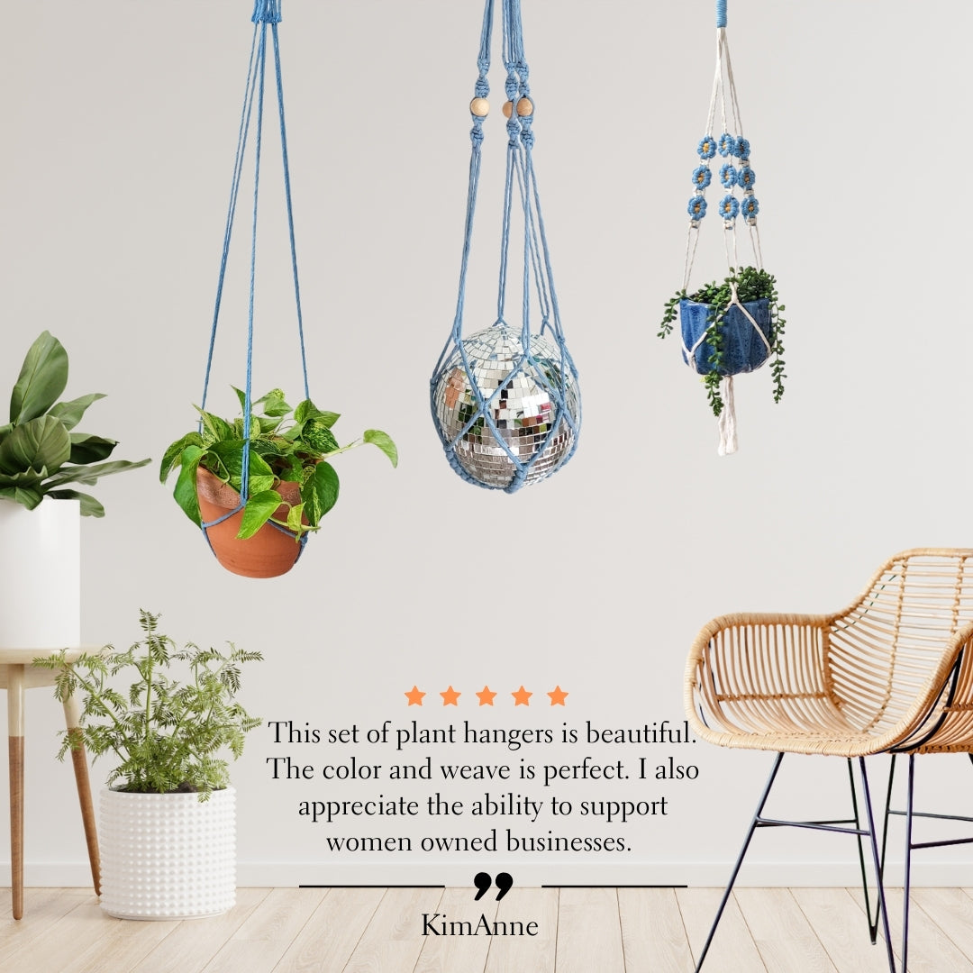 Set of 3 Macrame plant hangers with Daisies & Beads | Plant Mom Gifts