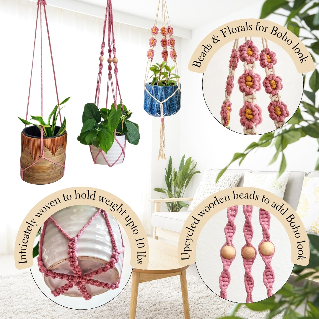 Set of 3 Macrame plant hangers with Daisies & Beads | Plant Mom Gifts