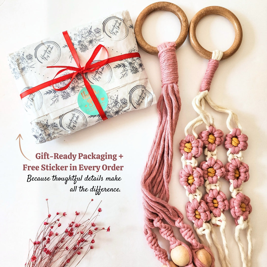 Set of 2 Macrame plant hanger with Daisies & Beads | Handmade Macrame Planter Holders