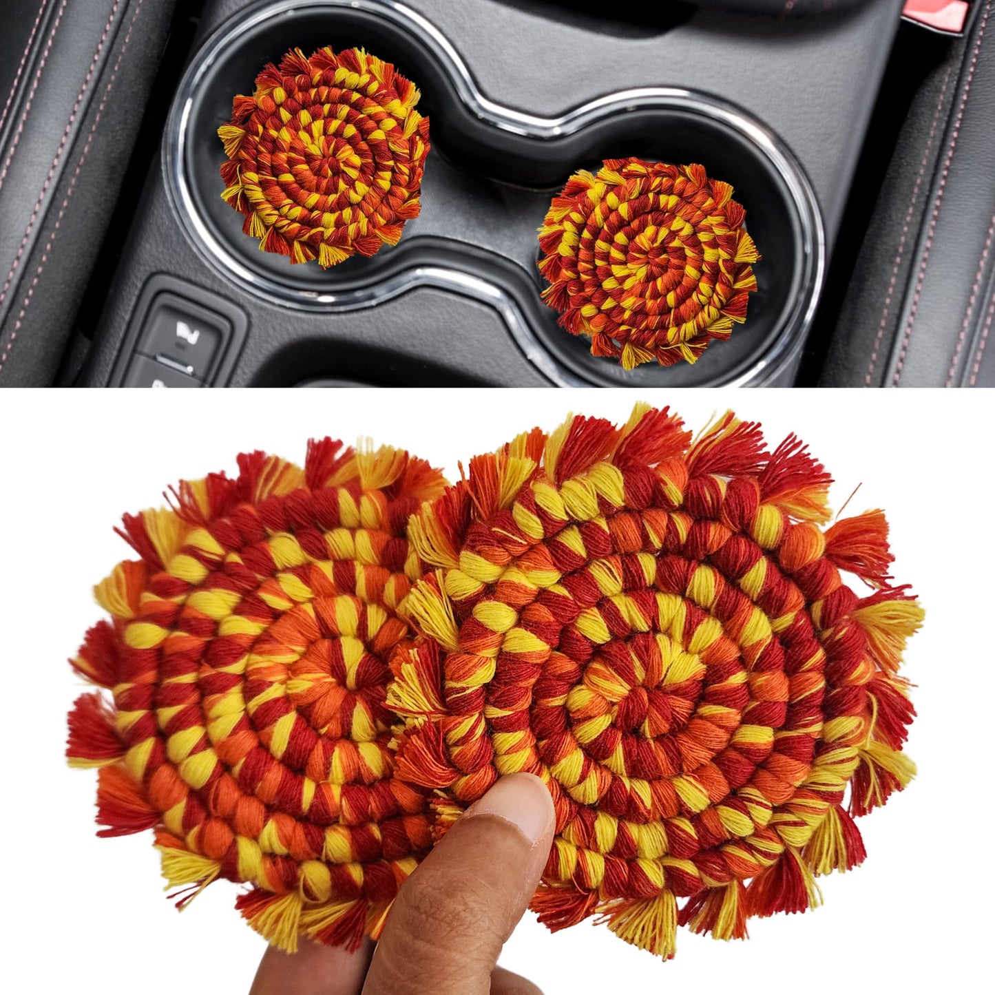 Cotton Car Coasters 2pc | Washable Multicolor Handmade Macrame Car Accessories for Women