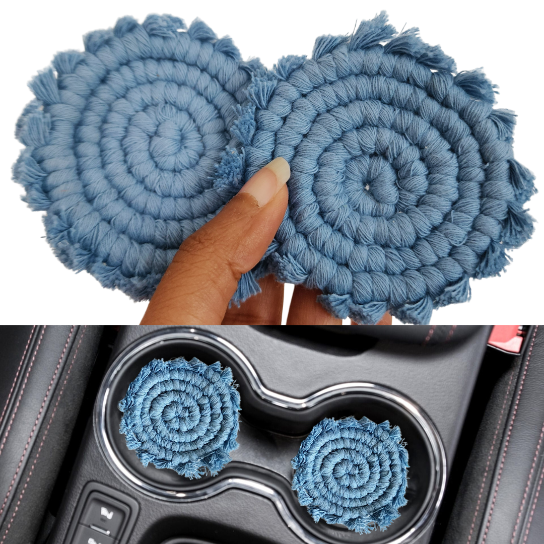 Mini Macrame Cotton Car Coasters- Set of 2 | Recycled Cotton washable coaster sets