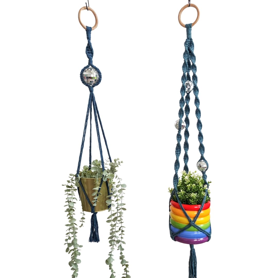 Set of 2 Macrame Plant Hanger Disco ball decor Hanging planters for indoor plants Cool gifts for plant lovers Boho plant pots plant stand indoor Hanging planters for outdoor plants (Cafe Latte)