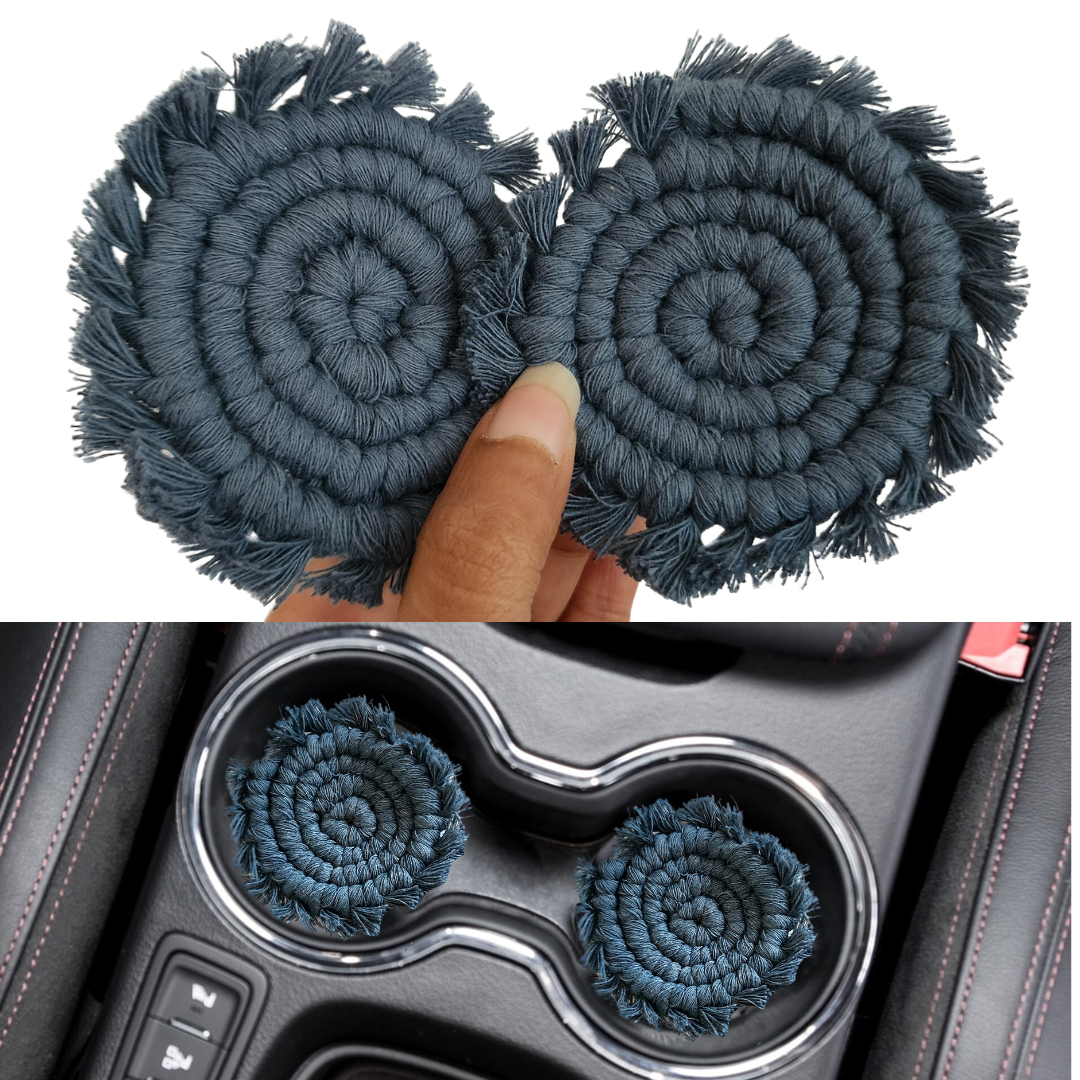 Mini Macrame Cotton Car Coasters- Set of 2 | Recycled Cotton washable coaster sets