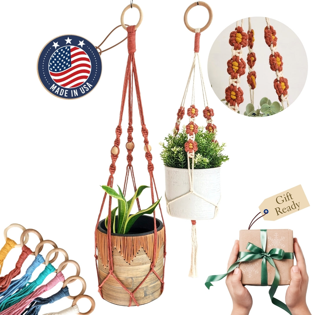 Set of 2 Macrame plant hanger with Daisies & Beads | Handmade Macrame Planter Holders
