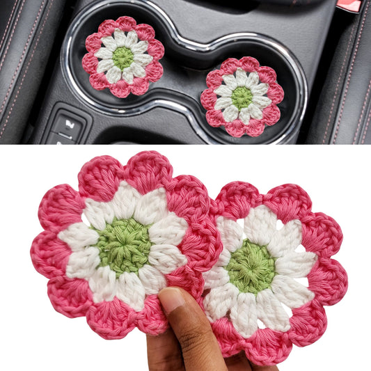 Cotton Car Coasters 2pc | Washable Handmade Floral Crochet Car Gifts