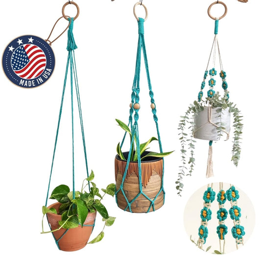 Set of 3 Macrame plant hangers with Daisies & Beads Hanging plant holder Macrame Plant hangers outdoor and indoor hanging planters Plant stand indoor Boho Decor hanging planter stand (Cafe Latte)