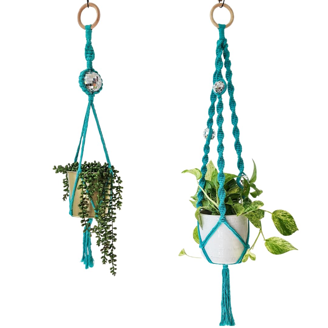 Set of 2 Macrame Plant Hanger Disco ball decor Hanging planters for indoor plants Cool gifts for plant lovers Boho plant pots plant stand indoor Hanging planters for outdoor plants (Cafe Latte)