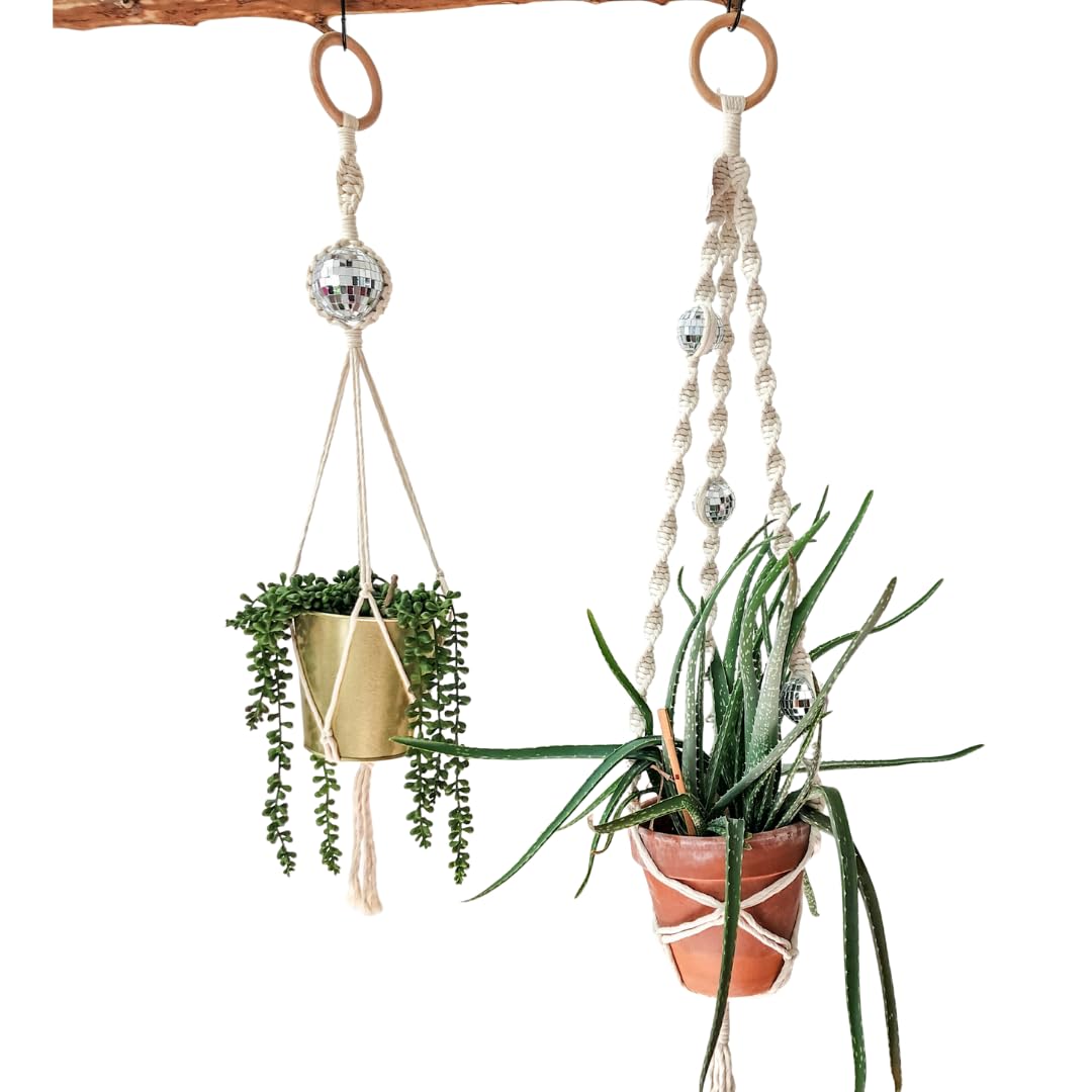 Set of 2 Macrame Plant Hanger Disco ball decor Hanging planters for indoor plants Cool gifts for plant lovers Boho plant pots plant stand indoor Hanging planters for outdoor plants (Cafe Latte)