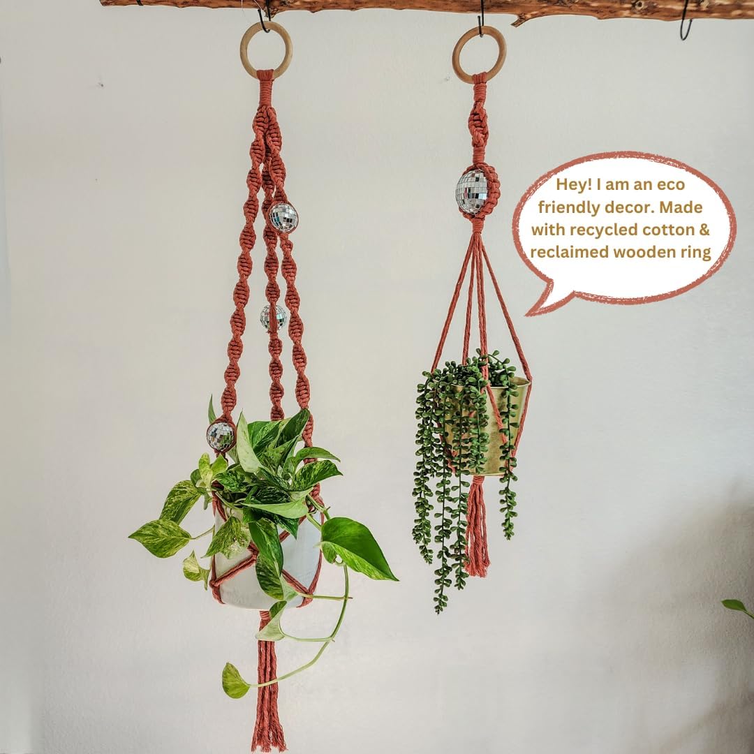 Set of 2 Macrame Plant Hanger Disco ball decor Hanging planters for indoor plants Cool gifts for plant lovers Boho plant pots plant stand indoor Hanging planters for outdoor plants (Cafe Latte)