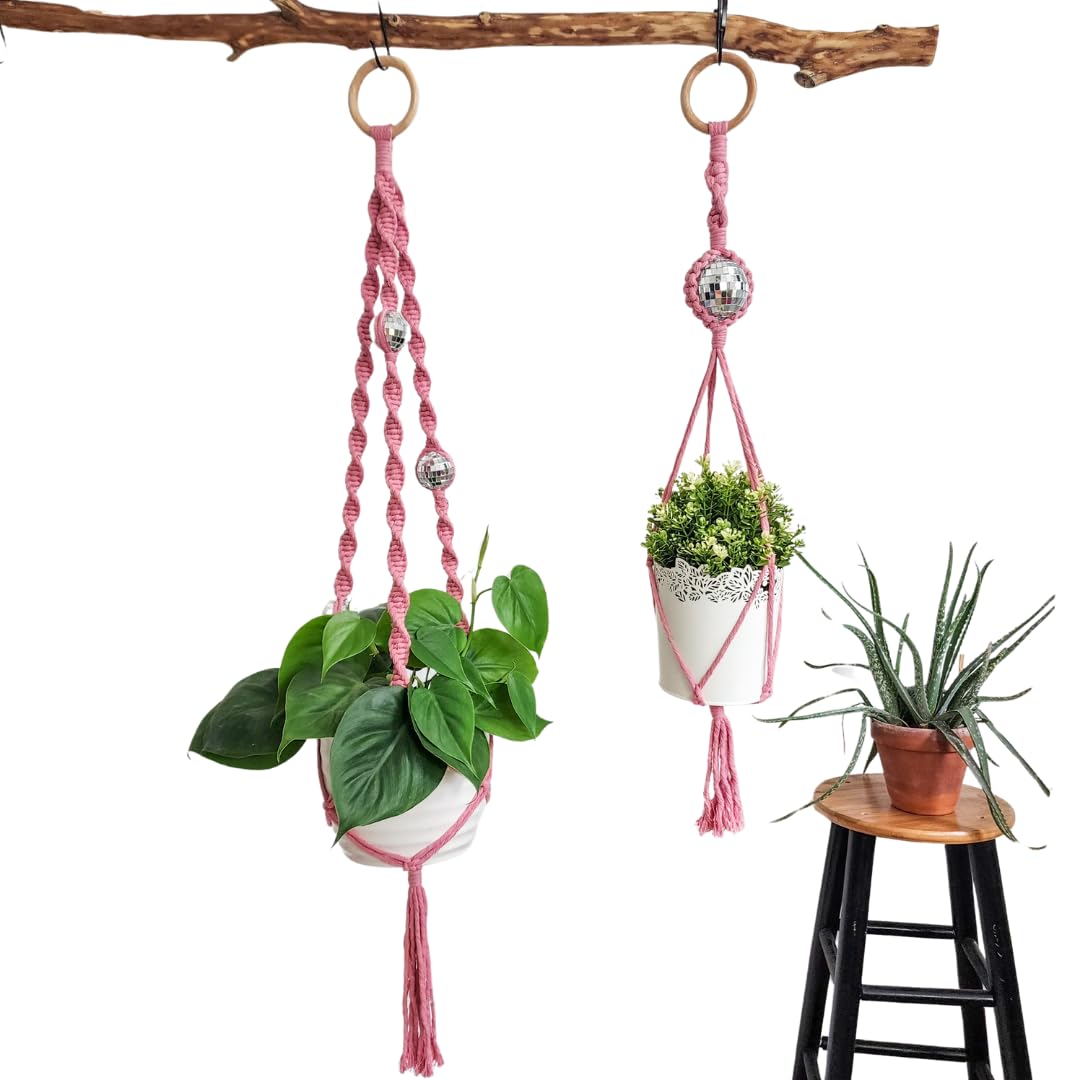 Set of 2 Macrame Plant Hanger Disco ball decor Hanging planters for indoor plants Cool gifts for plant lovers Boho plant pots plant stand indoor Hanging planters for outdoor plants (Cafe Latte)