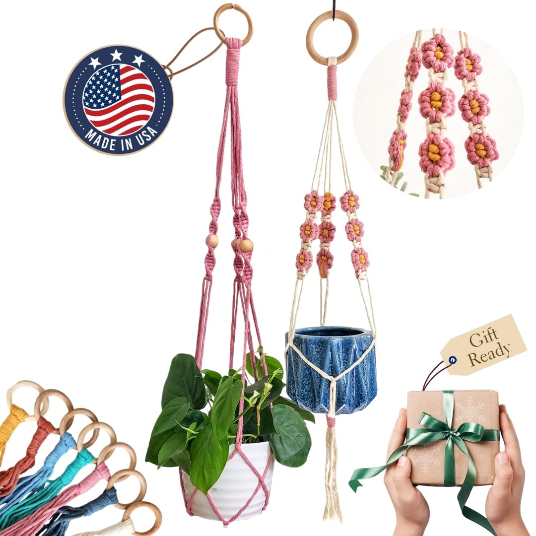 Set of 2 Macrame plant hanger with Daisies & Beads | Hanging plant holder Macrame Plant hangers outdoor and indoor hanging planters Plant stand indoor Boho Decor hanging planter stand (Cafe Latte)
