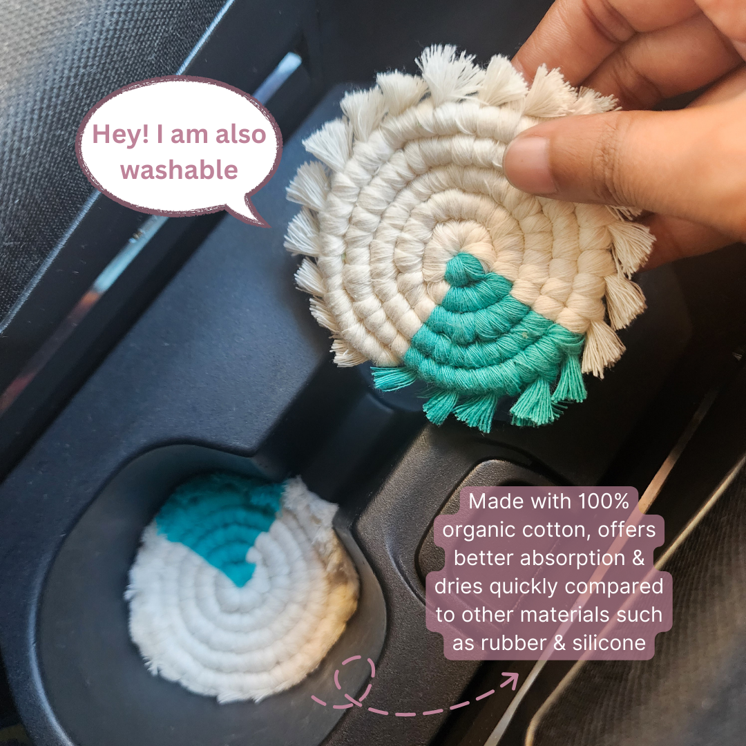 Cotton Car Coasters 2pc | Washable Handmade Macrame Car Accessories for Women