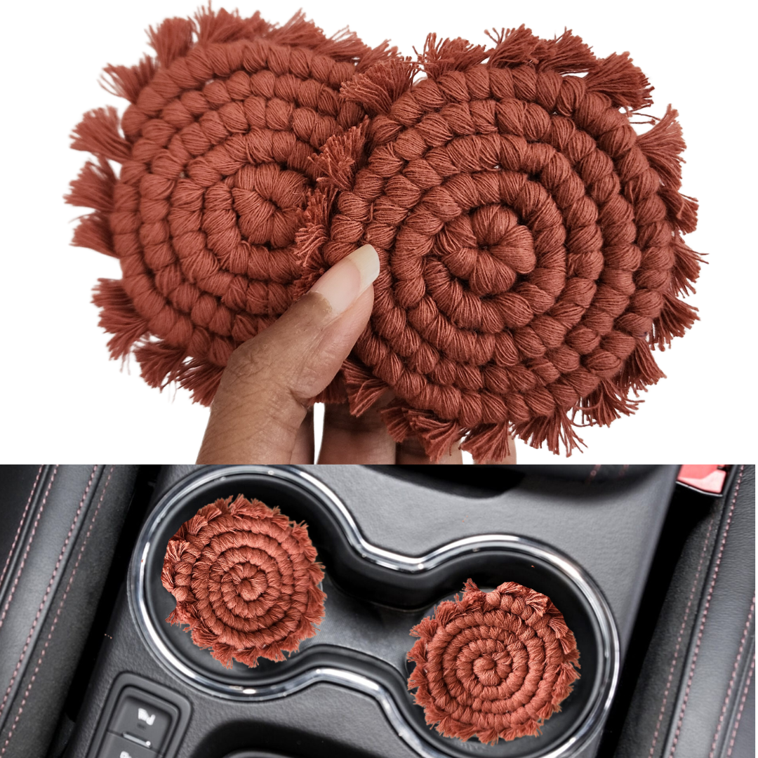 Mini Macrame Cotton Car Coasters- Set of 2 | Recycled Cotton washable coaster sets