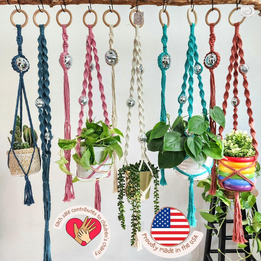 Set of 2 Macrame Plant Hanger Disco ball decor Hanging planters for indoor plants Cool gifts for plant lovers Boho plant pots plant stand indoor Hanging planters for outdoor plants (Cafe Latte)