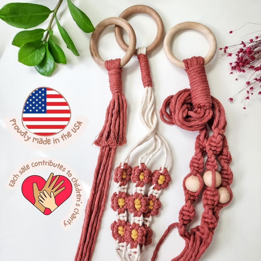 Set of 3 Macrame plant hangers with Daisies & Beads Hanging plant holder Macrame Plant hangers outdoor and indoor hanging planters Plant stand indoor Boho Decor hanging planter stand (Cafe Latte)