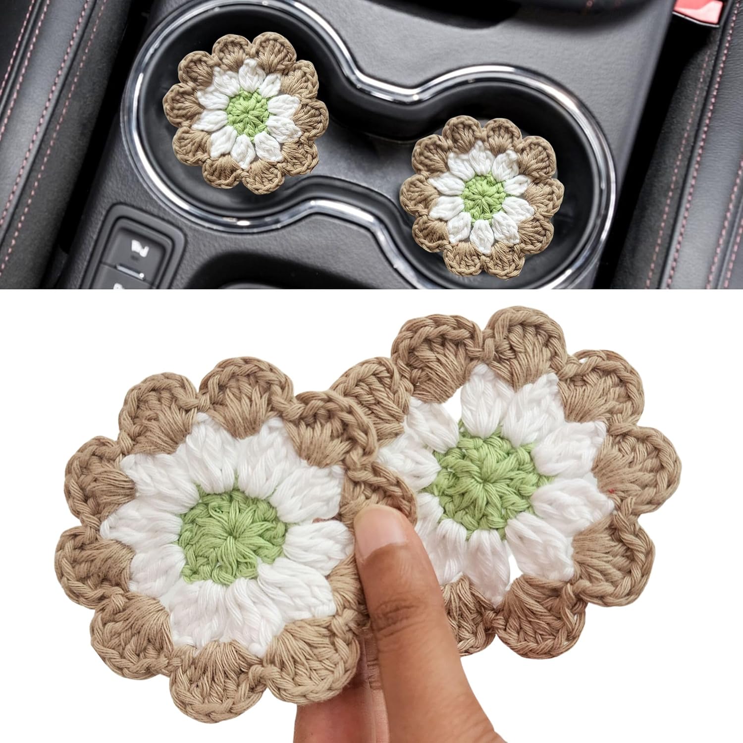 Cotton Car Coasters 2pc Car Cup Coasters Cute car Accessories for Women car Coaster for Cup Holders (Caramel Petal)
