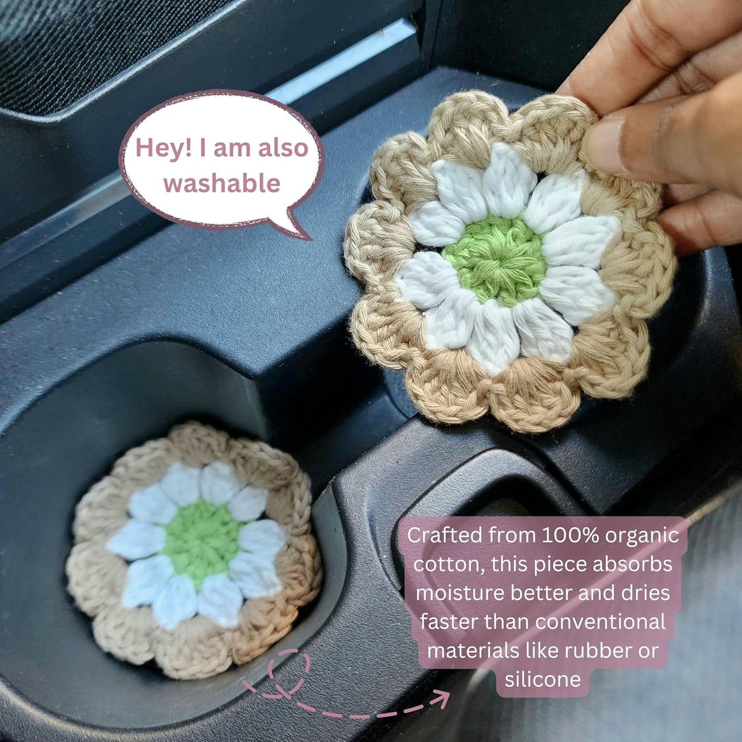 Cotton Car Coasters 2pc Car Cup Coasters Cute car Accessories for Women car Coaster for Cup Holders (Caramel Petal)