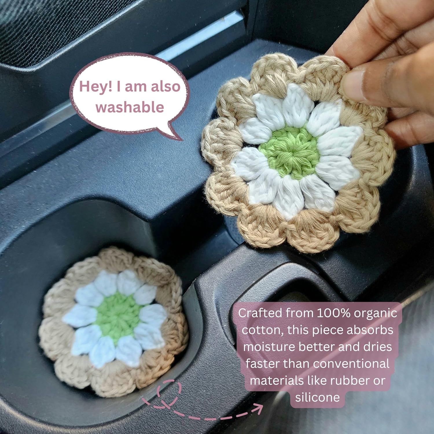Cotton Car Coasters 2pc Car Cup Coasters Cute car Accessories for Women car Coaster for Cup Holders (Caramel Petal)