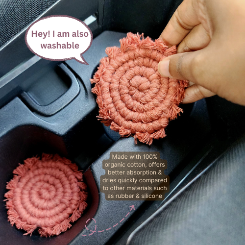 Mini Macrame Cotton Car Coasters- Set of 2 | Recycled Cotton washable coaster sets