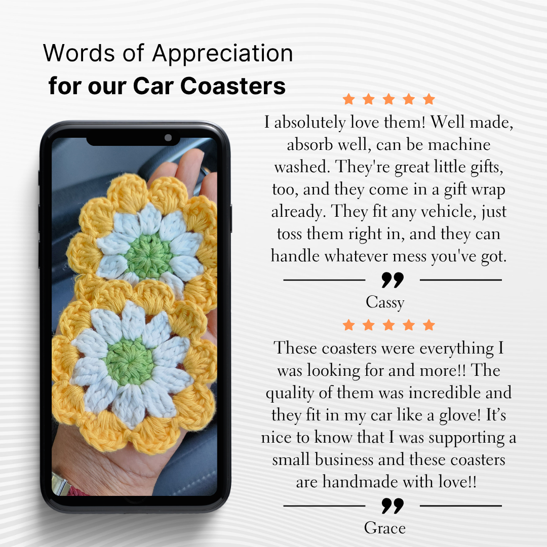 Cotton Car Coasters 2pc | Washable Handmade Floral Crochet Car Gifts