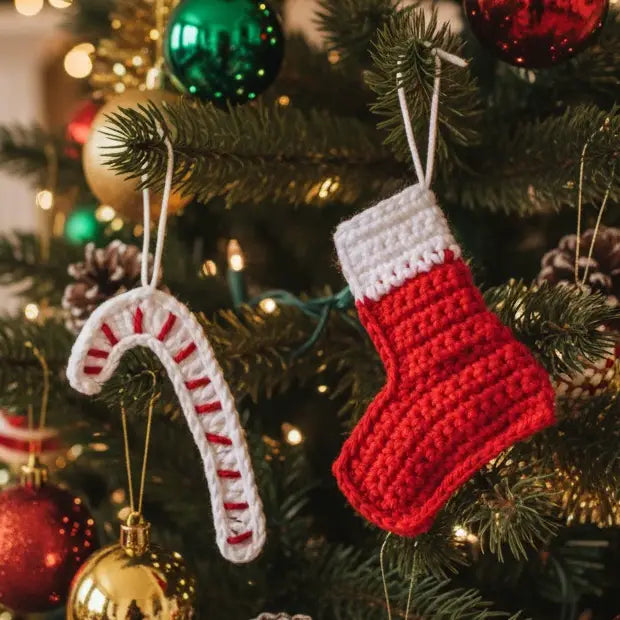 Crochet Christmas Cane & Sock Ornaments | Recycled Cotton | Pack of 2 - $5 each | WHOLESALE