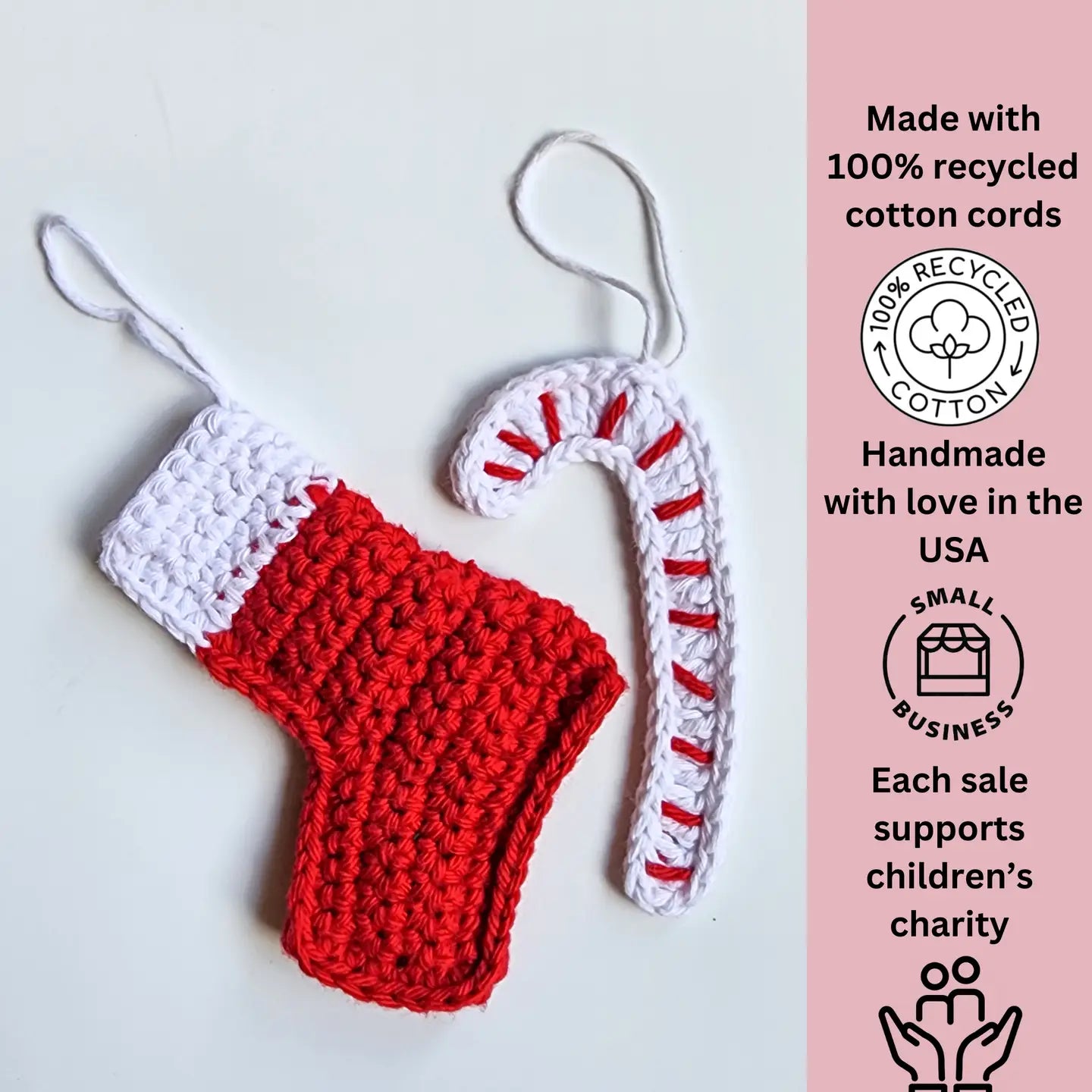 Crochet Christmas Cane & Sock Ornaments | Recycled Cotton | Pack of 2 - $5 each | WHOLESALE