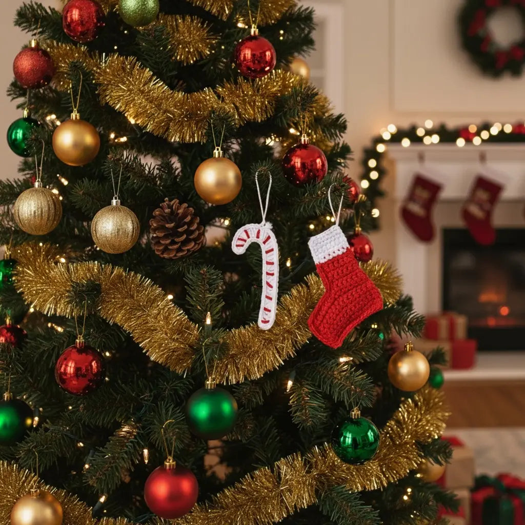 Crochet Christmas Cane & Sock Ornaments | Recycled Cotton | Pack of 2 - $5 each | WHOLESALE