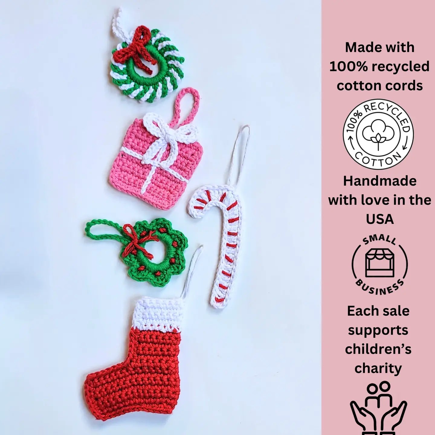 Crochet Christmas Ornament Gift Set | Eco-Friendly Holiday | Pack of 5 - $5 each | WHOLESALE