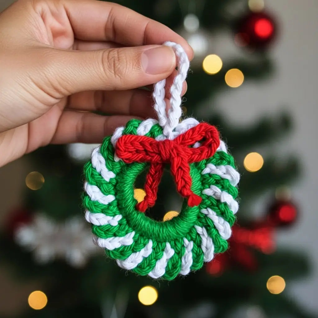 Crochet Swirl Wreath Christmas Ornament | Candy Cane Stripe | Pack of 3 - $5 each | WHOLESALE