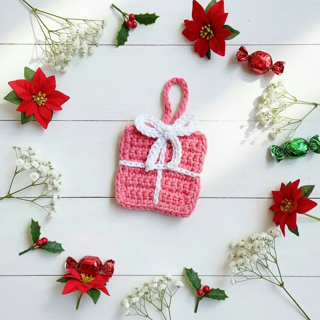 Crochet Gift Box Ornaments | Recycled Cotton Christmas Gifts | Pack of 3 - $5 each | WHOLESALE
