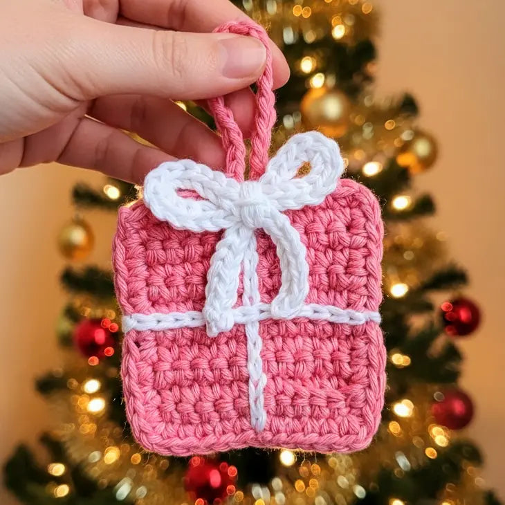 Crochet Gift Box Ornaments | Recycled Cotton Christmas Gifts | Pack of 3 - $5 each | WHOLESALE