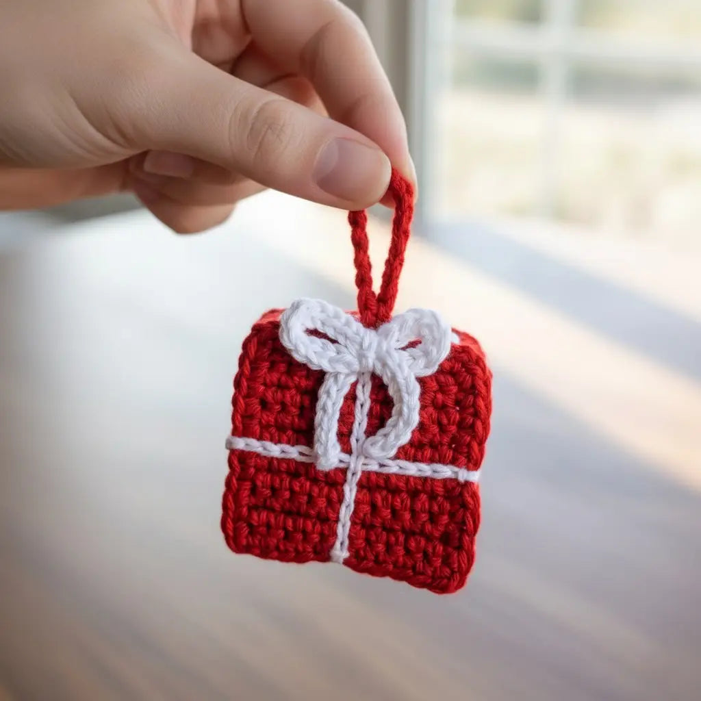 Crochet Gift Box Ornaments | Recycled Cotton Christmas Gifts | Pack of 3 - $5 each | WHOLESALE