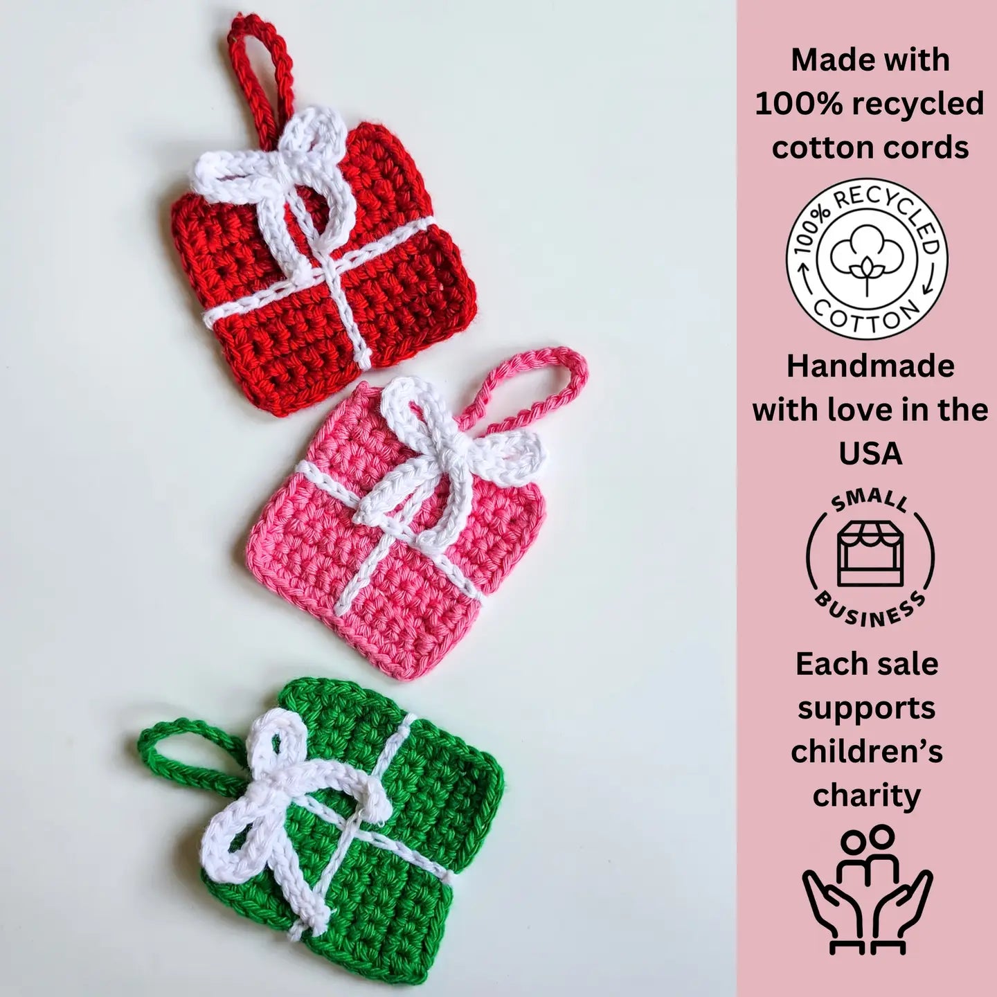Crochet Gift Box Ornaments | Recycled Cotton Christmas Gifts | Pack of 3 - $5 each | WHOLESALE