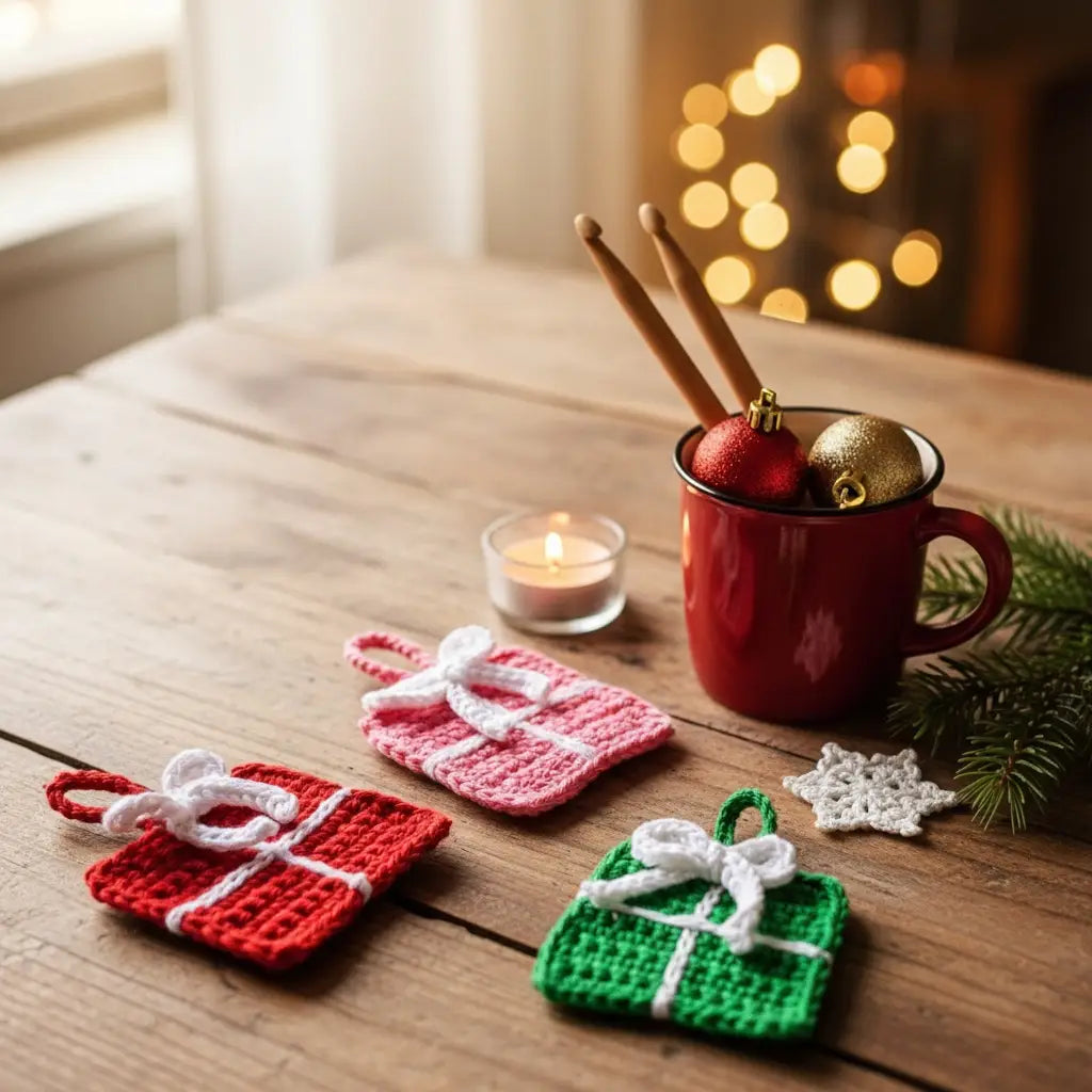 Crochet Gift Box Ornaments | Recycled Cotton Christmas Gifts | Pack of 3 - $5 each | WHOLESALE
