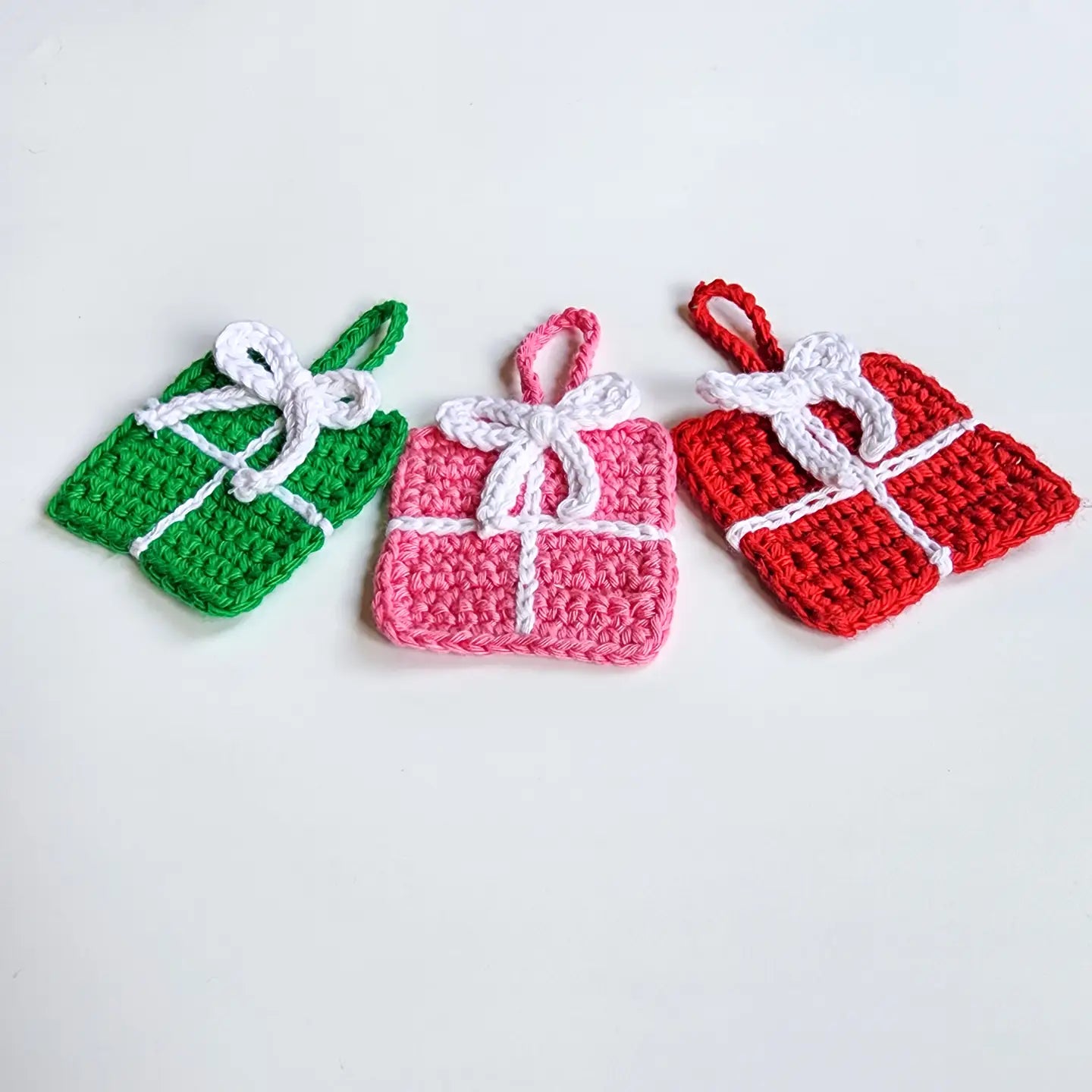 Crochet Gift Box Ornaments | Recycled Cotton Christmas Gifts | Pack of 3 - $5 each | WHOLESALE